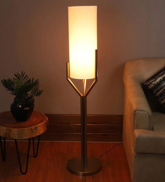 White Fabric Shade Floor Lamp with Brass Base